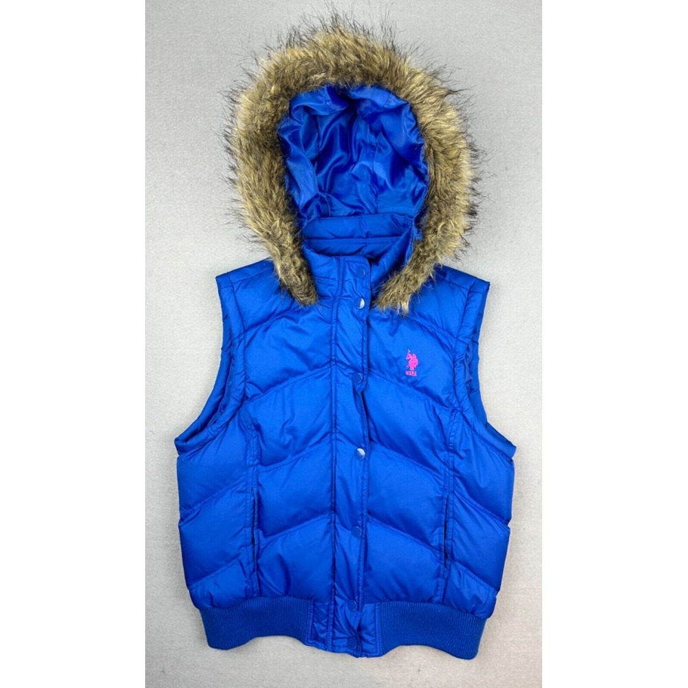 U.S. Polo Assn. Parka Puffer Vest Women Large Blue Hooded Full Zip Faux Fur Trim